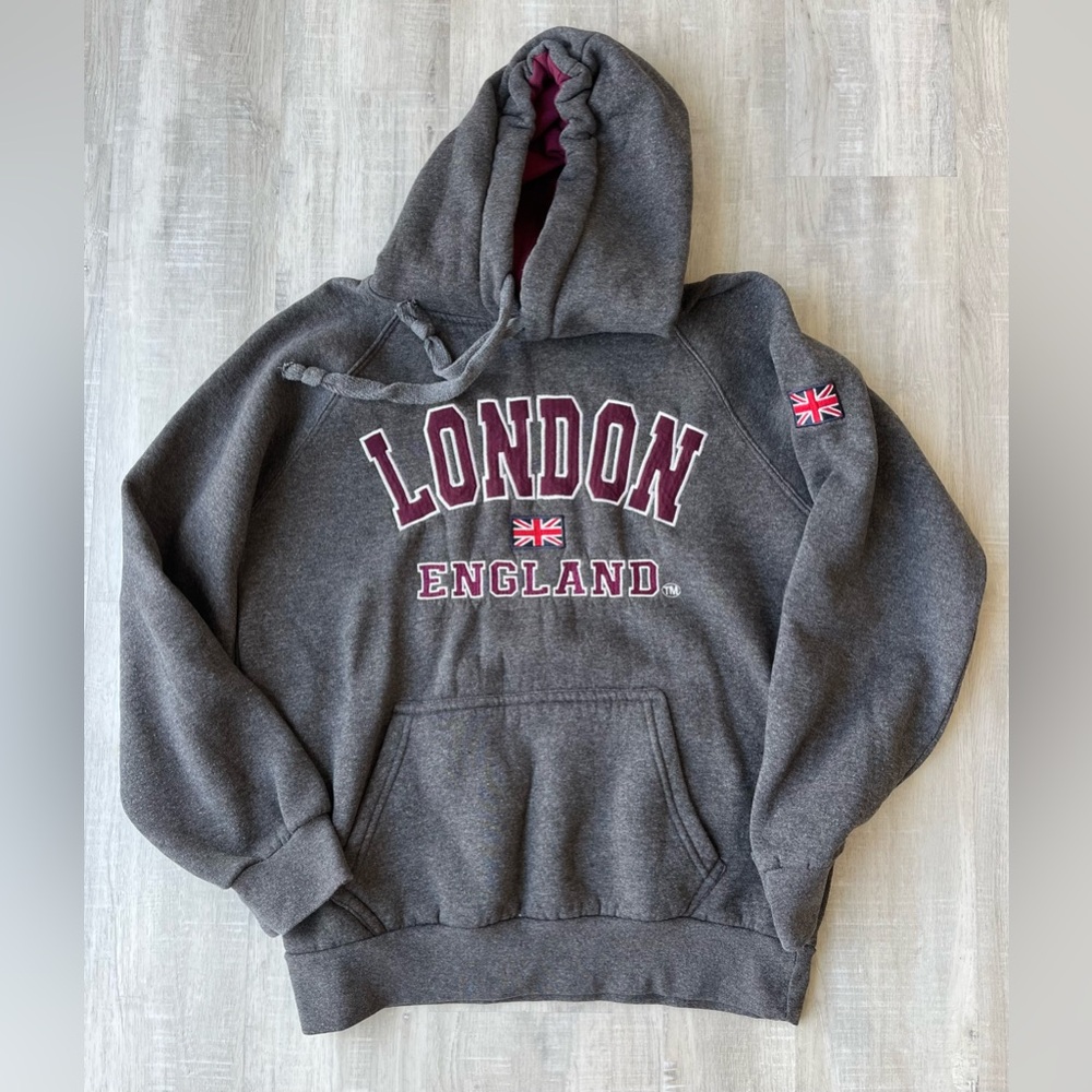 NOS Gray Unisex London England Embroidered Long Sleeve Hoodie Sweatshirt Size S
